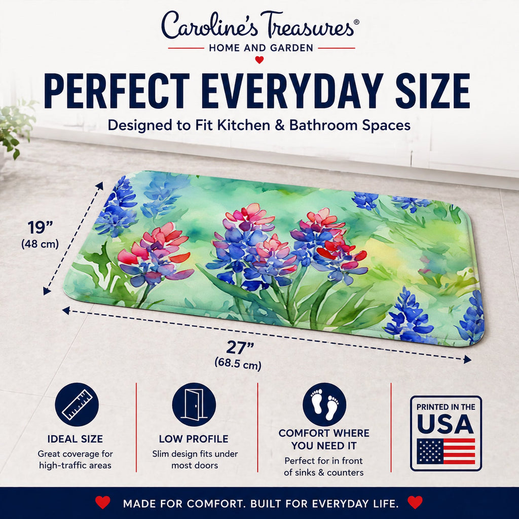 Texas Bluebonnets in Watercolor Memory Foam Kitchen Mat Machine Washable Anti-Fatigue Cushion Comfort Bath or Kitchen Rug