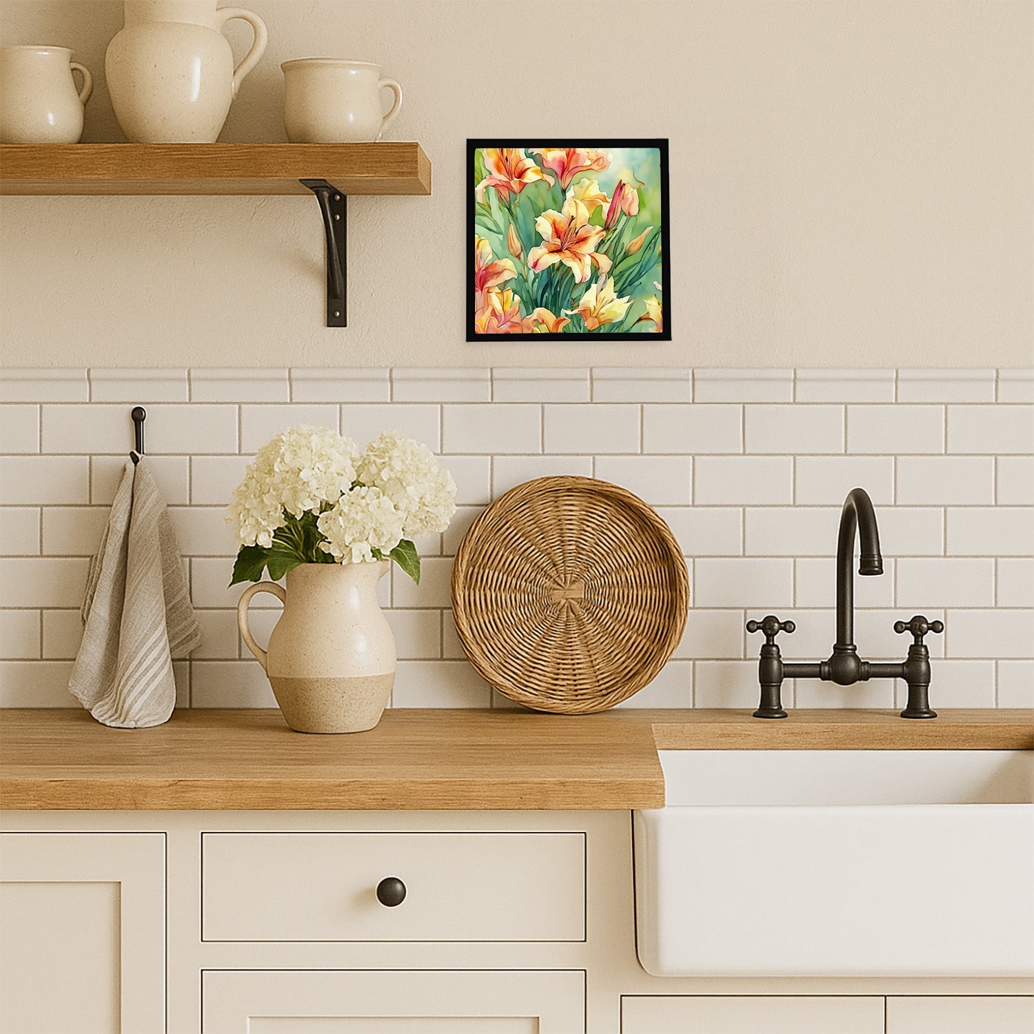 Utah Sego Lilies in Watercolor Framed Metal Print Bathroom, Kitchen, Office, Home Decor Wall Art Ready to Hang, Square, 8X8