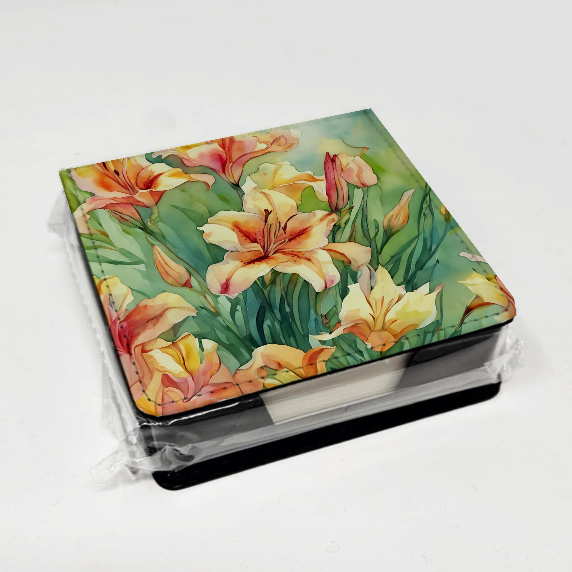 Utah Sego Lilies in Watercolor PU Leather Note Paper Holder with Artist-Designed Cover, Desk Accessory, Office Gift