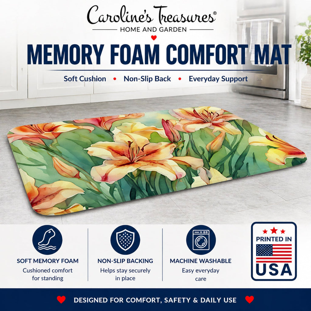 Utah Sego Lilies in Watercolor Memory Foam Kitchen Mat Machine Washable Anti-Fatigue Cushion Comfort Bath or Kitchen Rug