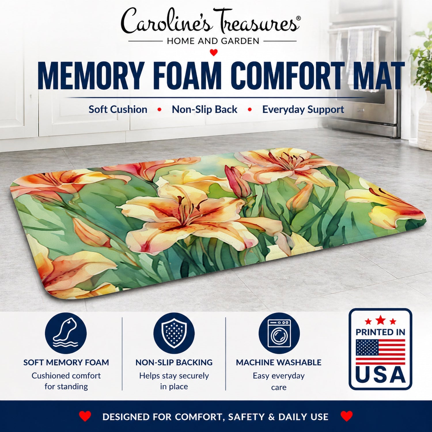 Utah Sego Lilies in Watercolor Memory Foam Kitchen Mat Machine Washable Anti-Fatigue Cushion Comfort Bath or Kitchen Rug