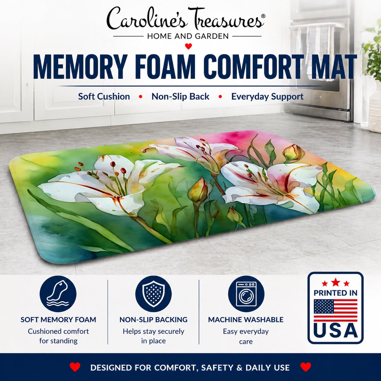 Utah Sego Lilies in Watercolor Memory Foam Kitchen Mat Machine Washable Anti-Fatigue Cushion Comfort Bath or Kitchen Rug