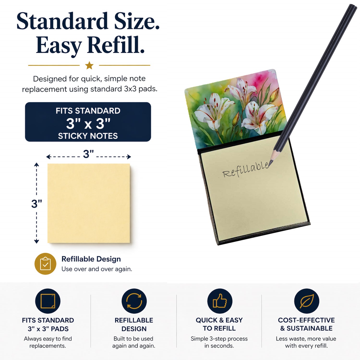 Utah Sego Lilies in Watercolor Watercolor Sticky Note Holder Refillable Dispenser Desk Accessory 3x3 Pad Gift