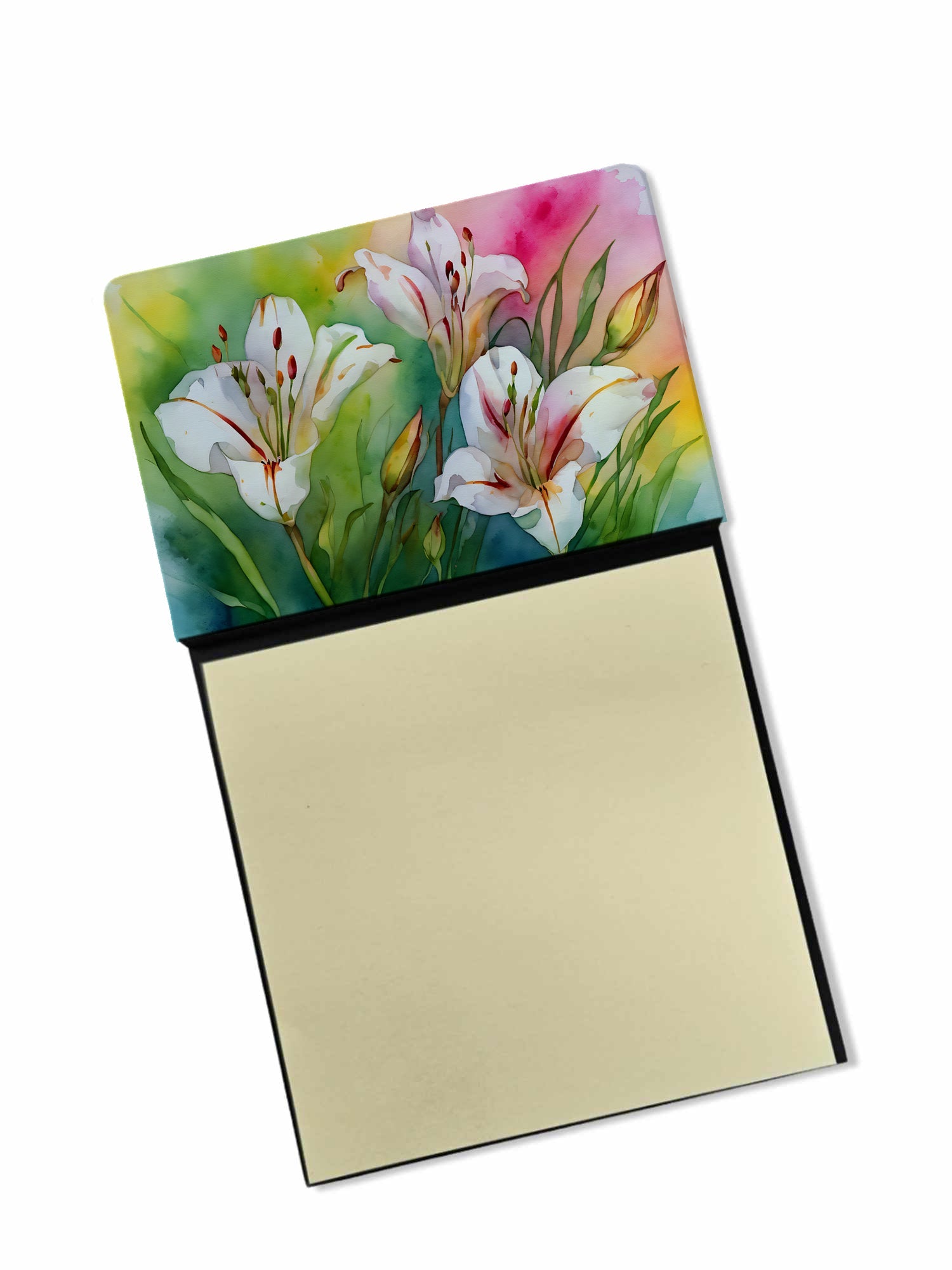 Utah Sego Lilies in Watercolor Watercolor Sticky Note Holder Refillable Dispenser Desk Accessory 3x3 Pad Gift