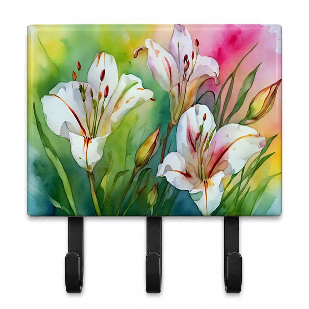 Utah Sego Lilies in Watercolor Leash or Key Holder Wall Hooks, Coat Rack Wall Mount, for Hanging Keys, Towels, Aprons, Leashes