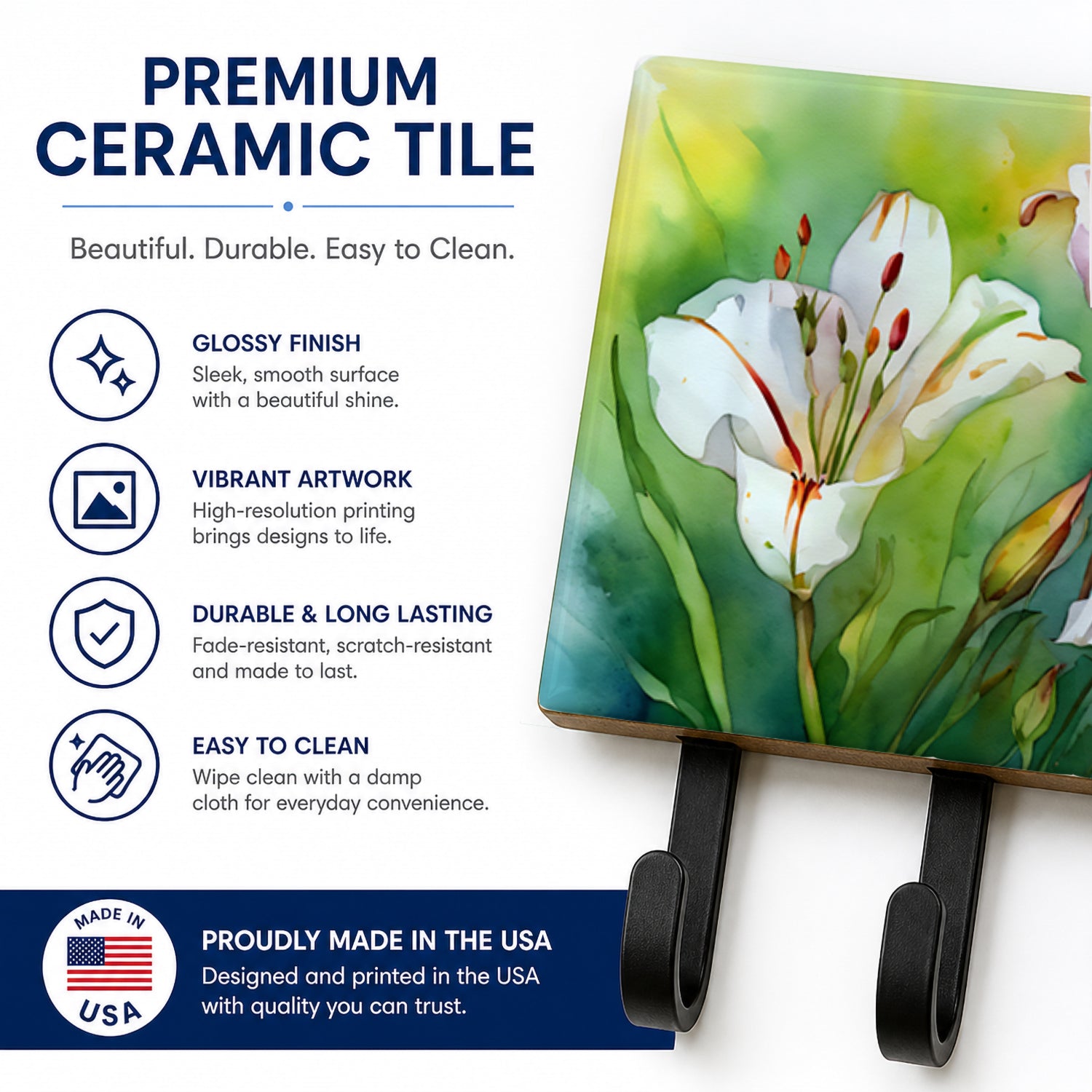 Utah Sego Lilies in Watercolor Leash or Key Holder Wall Hooks, Coat Rack Wall Mount, for Hanging Keys, Towels, Aprons, Leashes