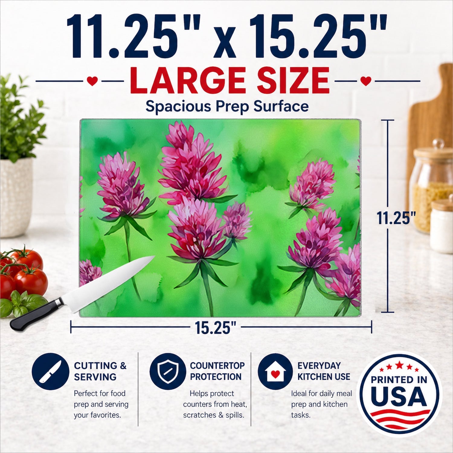 Vermont Red Clover in Watercolor Cutting Board Tempered Glass Kitchen Cutting Surface, Heat Resistant Chopping, Non-Slip Feet, Food Prep & Serving