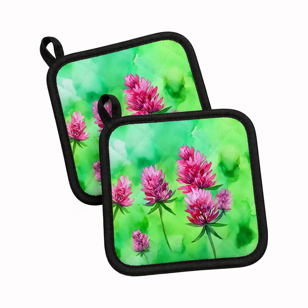 Vermont Red Clover in Watercolor Pot Holder Set of 2 Heat Resistant Quilted Hot Pads 7.5 x 7.5 Inch, Insulated Kitchen Trivets for Cooking & Baking