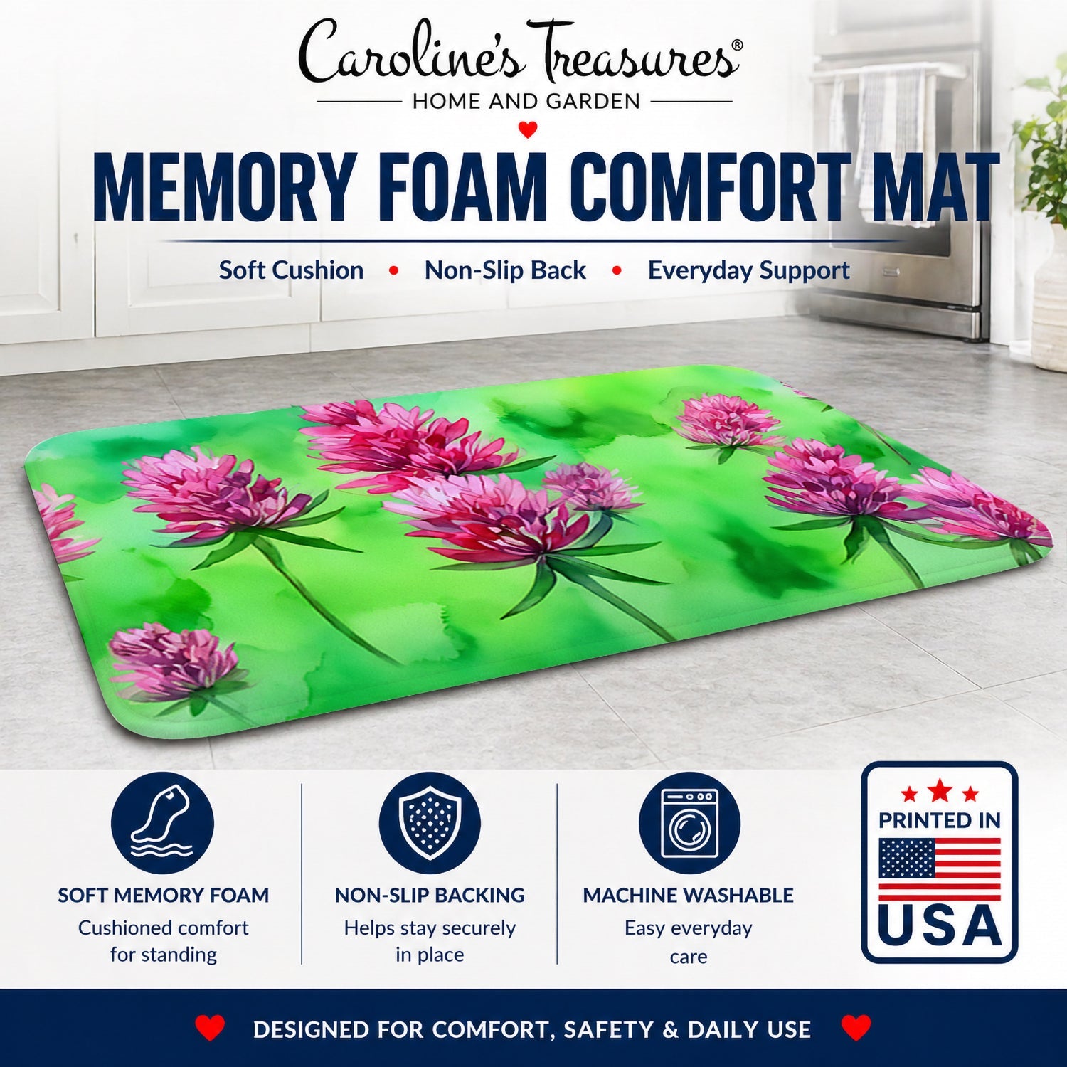 Vermont Red Clover in Watercolor Memory Foam Kitchen Mat Machine Washable Anti-Fatigue Cushion Comfort Bath or Kitchen Rug