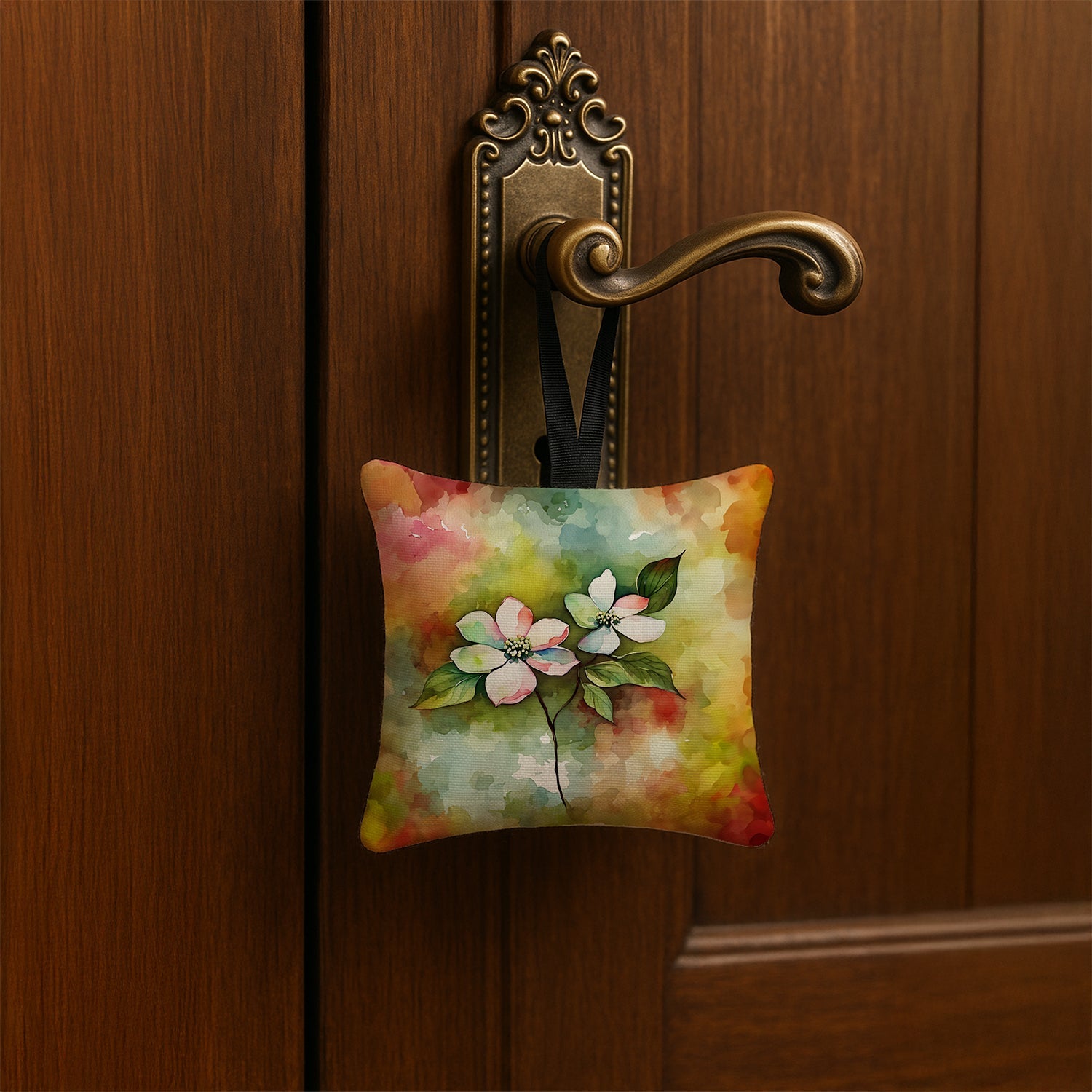 Virginia American Dogwood in Watercolor Hanging Square Fabric Ornament 3.5 × 3.5 Decorative Door-Knob & Tree Hanger, Soft Fabric