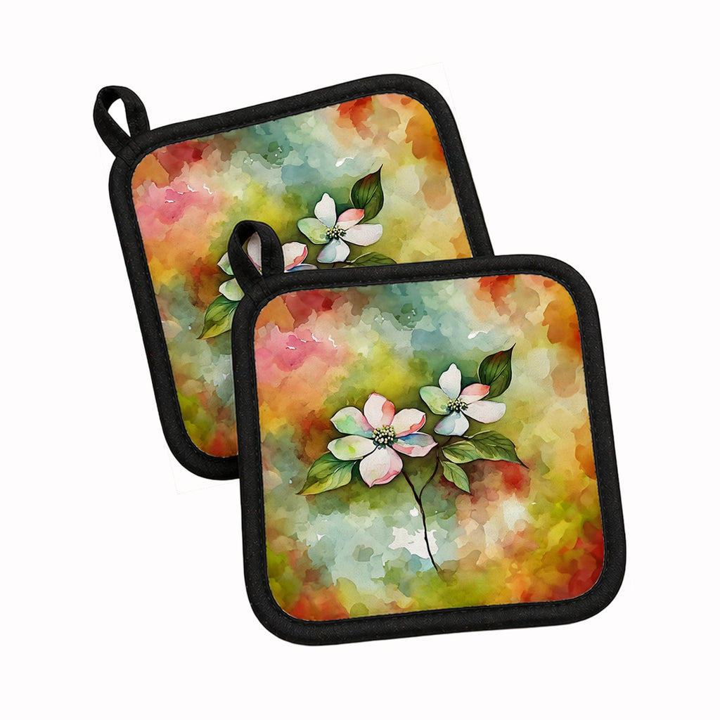 Virginia American Dogwood in Watercolor Pot Holder Set of 2 Heat Resistant Quilted Hot Pads 7.5 x 7.5 Inch, Insulated Kitchen Trivets for Cooking & Baking