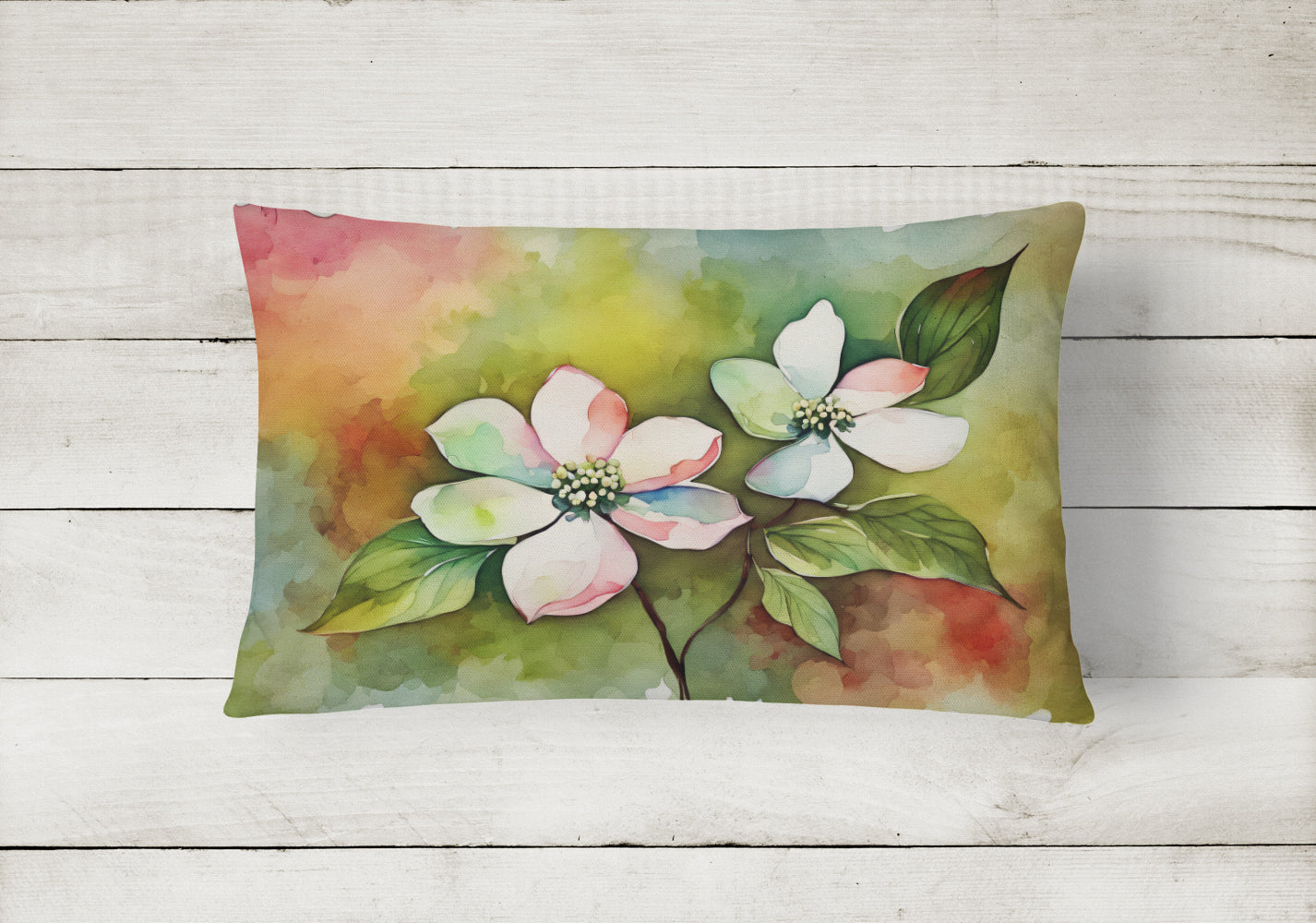 Virginia American Dogwood in Watercolor Decorative Throw Pillow 12x16 Indoor Outdoor Accent Cushion, Fabric Cover with Insert for Sofa, Bed, Porch & Living Room