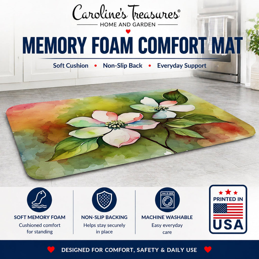 Virginia American Dogwood in Watercolor Memory Foam Kitchen Mat Machine Washable Anti-Fatigue Cushion Comfort Bath or Kitchen Rug