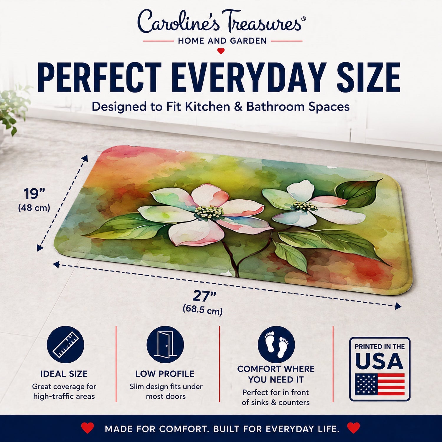 Virginia American Dogwood in Watercolor Memory Foam Kitchen Mat Machine Washable Anti-Fatigue Cushion Comfort Bath or Kitchen Rug