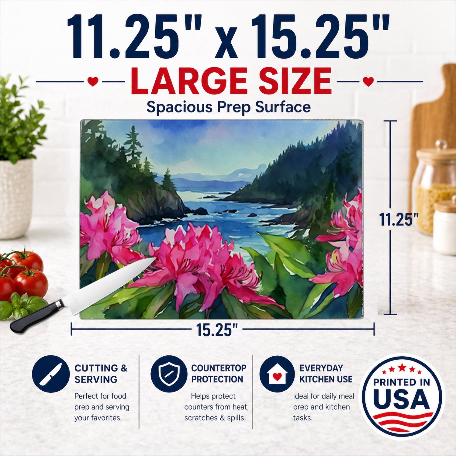 Washington Coast Rhododendrons in Watercolor Cutting Board Tempered Glass Kitchen Cutting Surface, Heat Resistant Chopping, Non-Slip Feet, Food Prep & Serving