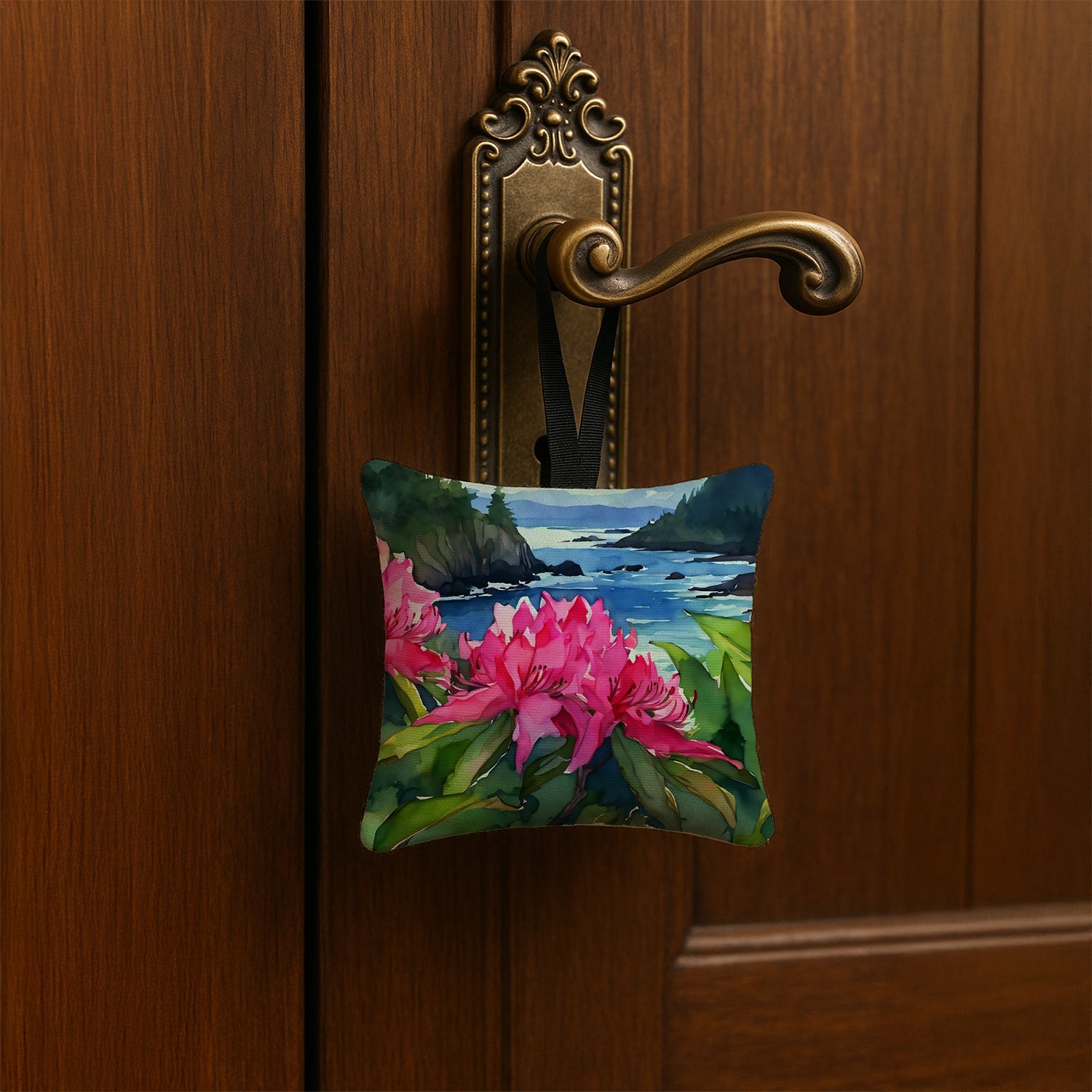 Washington Coast Rhododendrons in Watercolor Hanging Square Fabric Ornament 3.5 × 3.5 Decorative Door-Knob & Tree Hanger, Soft Fabric