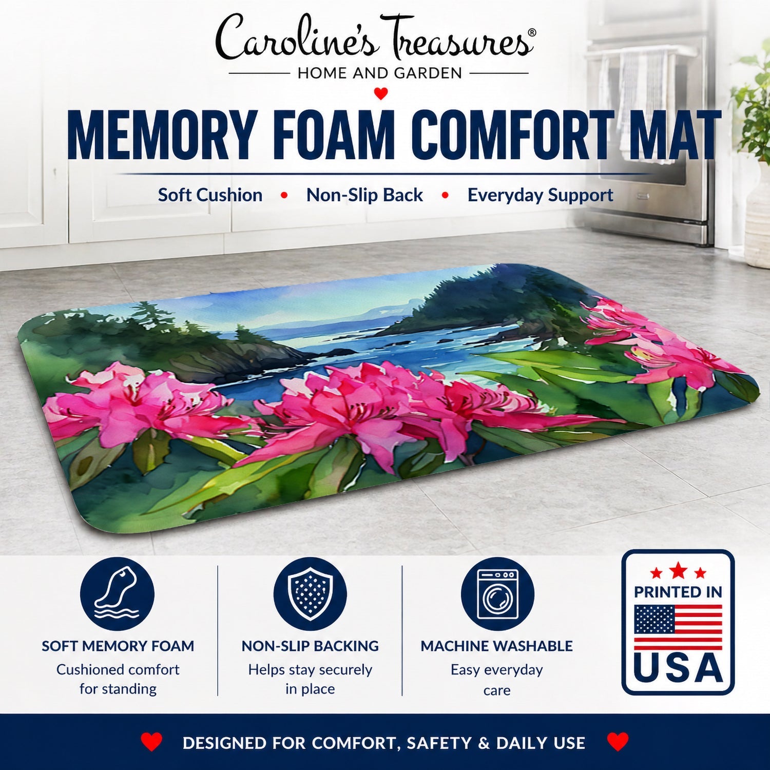Washington Coast Rhododendrons in Watercolor Memory Foam Kitchen Mat Machine Washable Anti-Fatigue Cushion Comfort Bath or Kitchen Rug