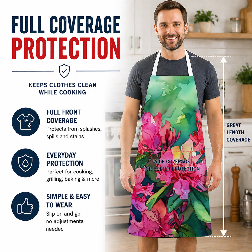 West Virginia Rhododendrons in Watercolor Apron Cooking Kitchen Server Baking Crafts Gardening for Adult Women Men, Unisex, Large, Multicolor