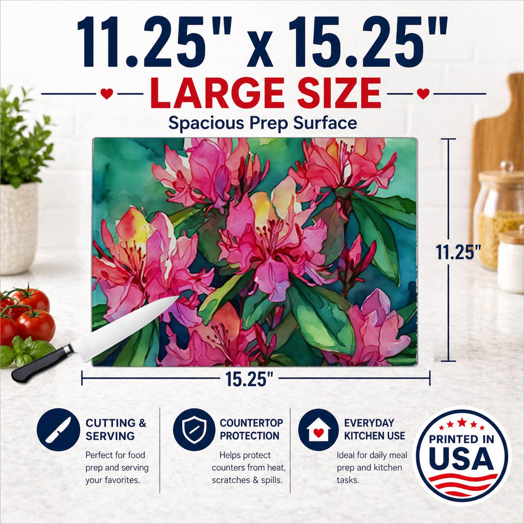 West Virginia Rhododendrons in Watercolor Cutting Board Tempered Glass Kitchen Cutting Surface, Heat Resistant Chopping, Non-Slip Feet, Food Prep & Serving