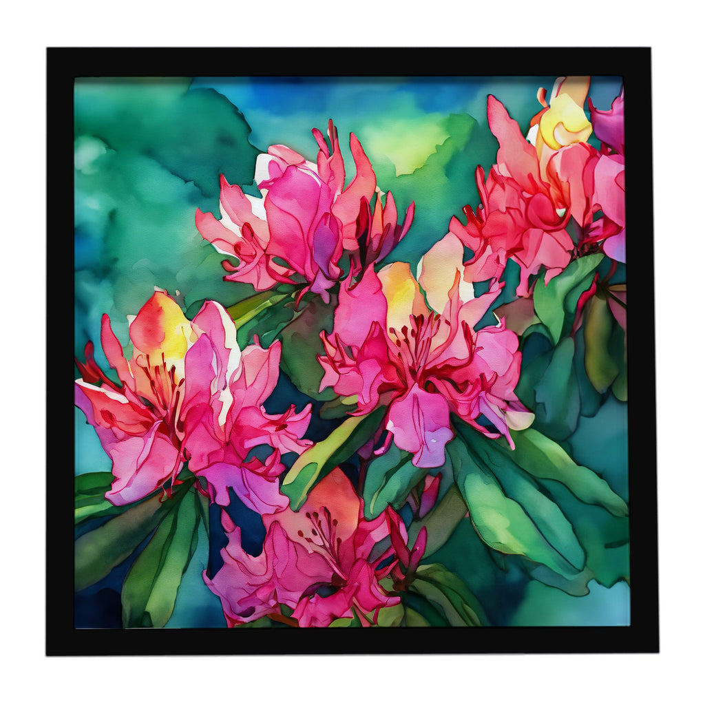 West Virginia Rhododendrons in Watercolor Framed Metal Print Bathroom, Kitchen, Office, Home Decor Wall Art Ready to Hang, Square, 8X8
