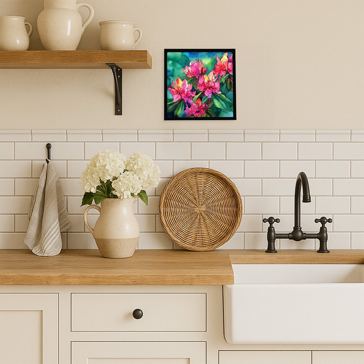 West Virginia Rhododendrons in Watercolor Framed Metal Print Bathroom, Kitchen, Office, Home Decor Wall Art Ready to Hang, Square, 8X8