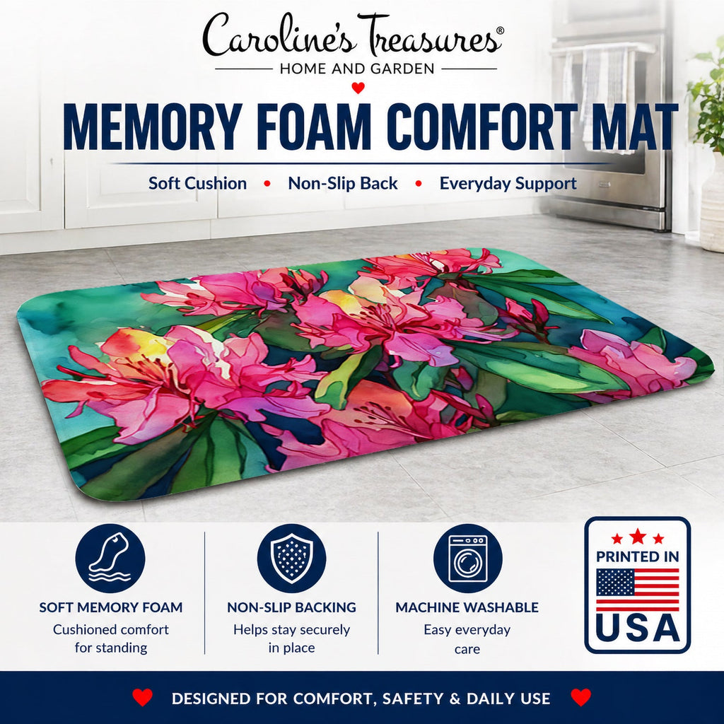 West Virginia Rhododendrons in Watercolor Memory Foam Kitchen Mat Machine Washable Anti-Fatigue Cushion Comfort Bath or Kitchen Rug