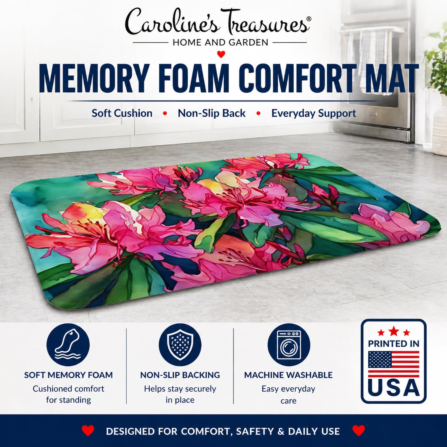 West Virginia Rhododendrons in Watercolor Memory Foam Kitchen Mat Machine Washable Anti-Fatigue Cushion Comfort Bath or Kitchen Rug