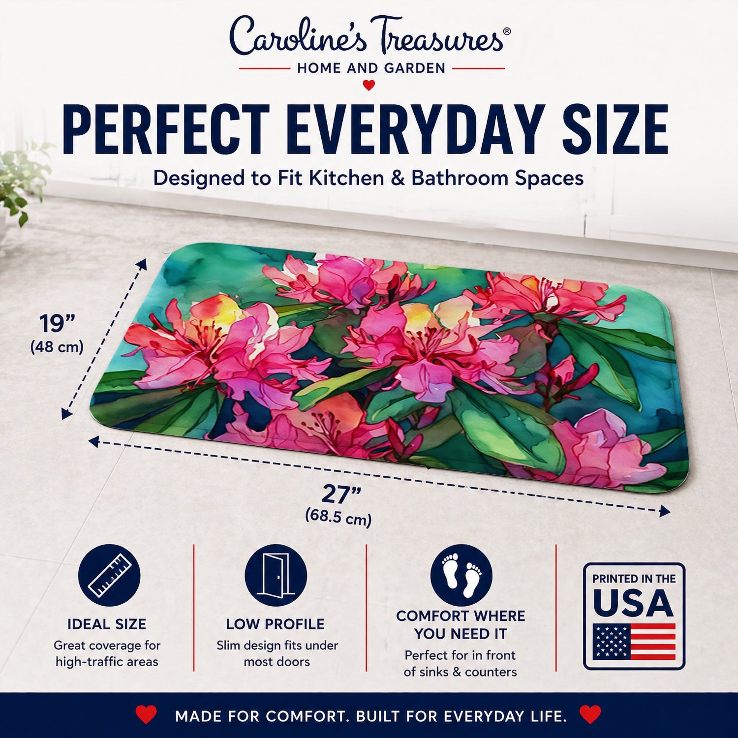 West Virginia Rhododendrons in Watercolor Memory Foam Kitchen Mat Machine Washable Anti-Fatigue Cushion Comfort Bath or Kitchen Rug