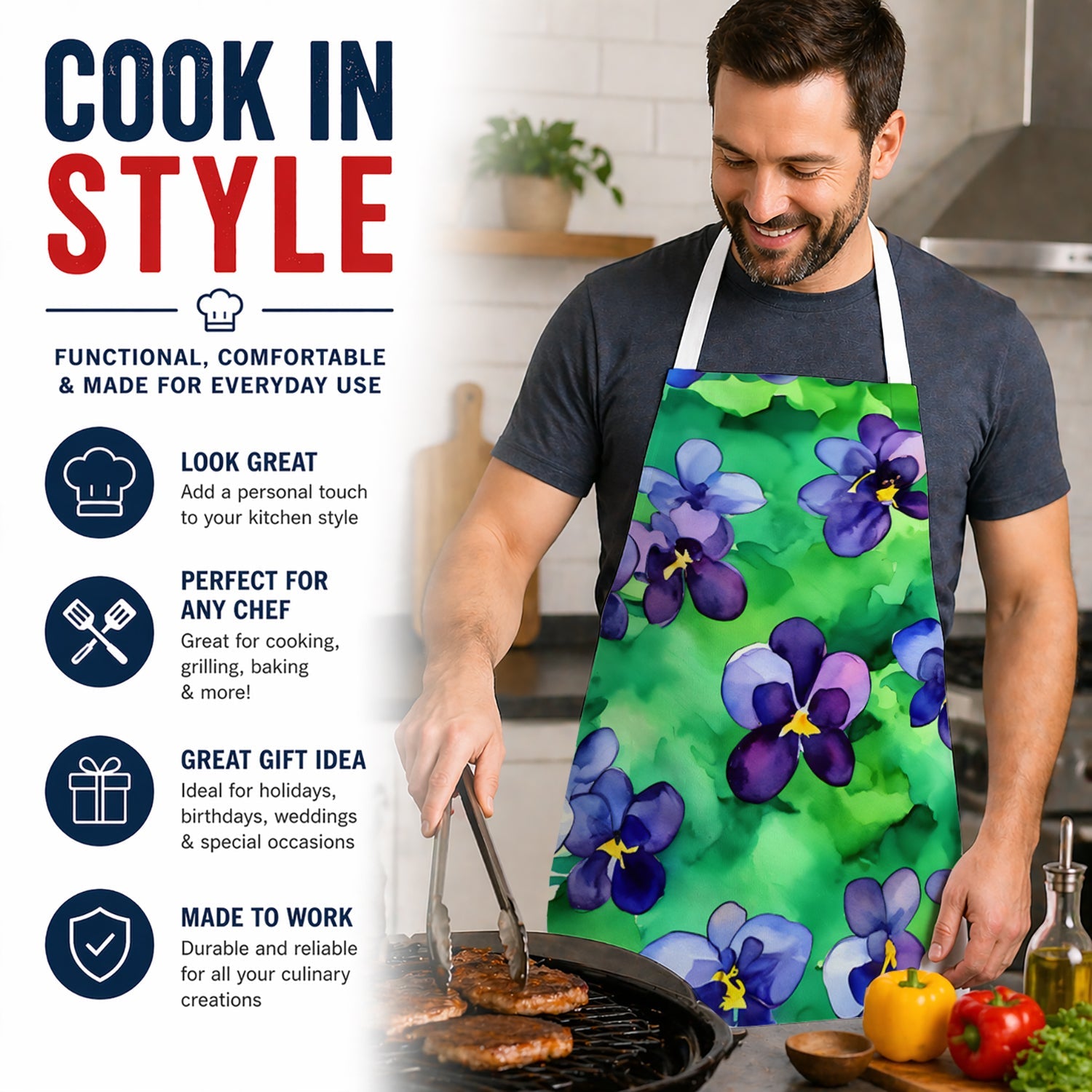 Wisconsin Wood Violets in Watercolor Apron Cooking Kitchen Server Baking Crafts Gardening for Adult Women Men, Unisex, Large, Multicolor