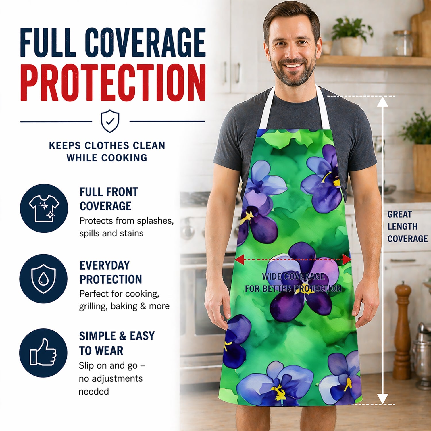 Wisconsin Wood Violets in Watercolor Apron Cooking Kitchen Server Baking Crafts Gardening for Adult Women Men, Unisex, Large, Multicolor