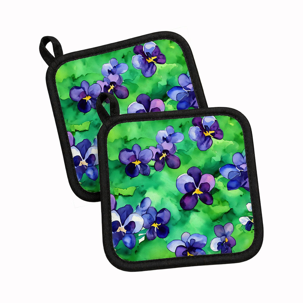 Wisconsin Wood Violets in Watercolor Pot Holder Set of 2 Heat Resistant Quilted Hot Pads 7.5 x 7.5 Inch, Insulated Kitchen Trivets for Cooking & Baking