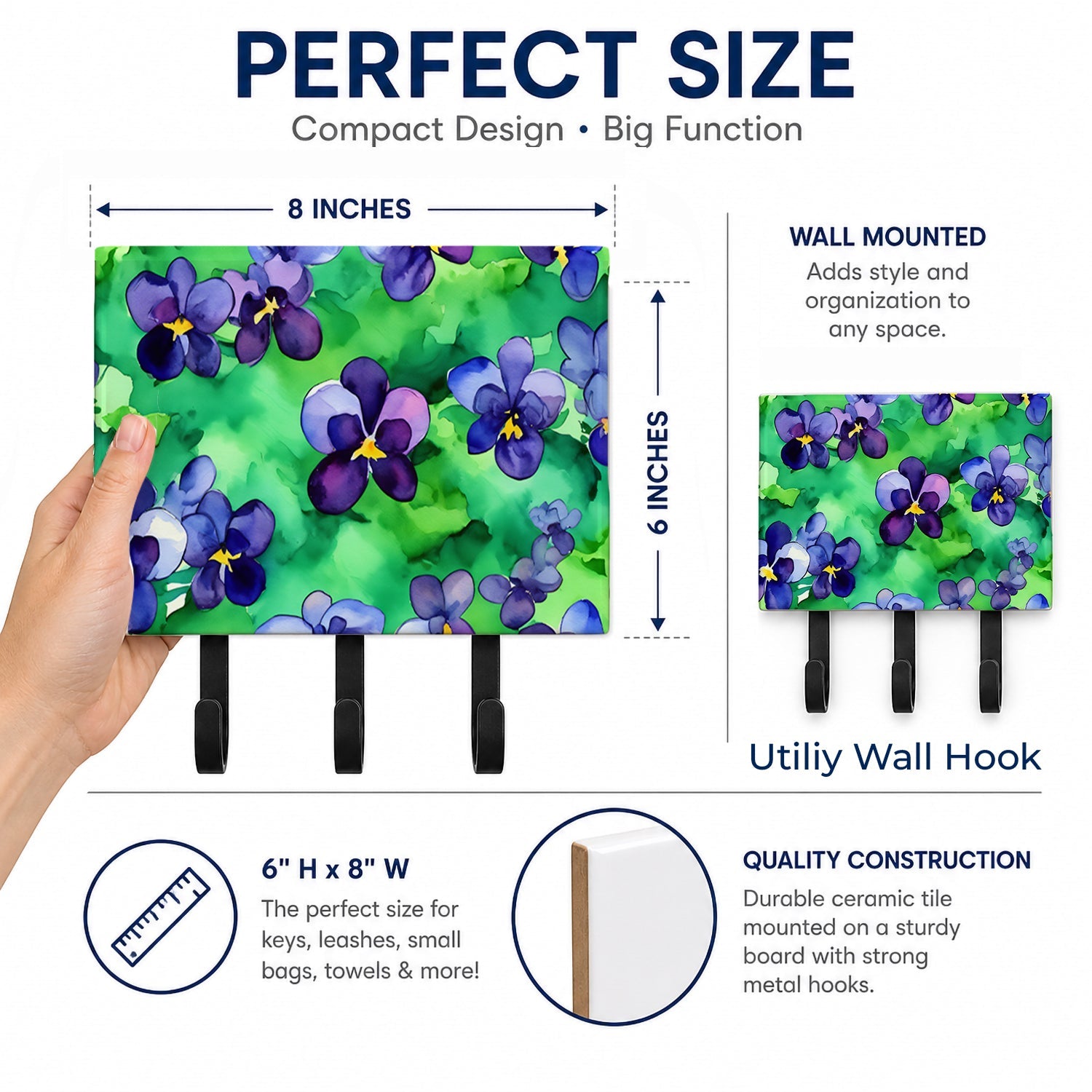 Wisconsin Wood Violets in Watercolor Leash or Key Holder Wall Hooks, Coat Rack Wall Mount, for Hanging Keys, Towels, Aprons, Leashes