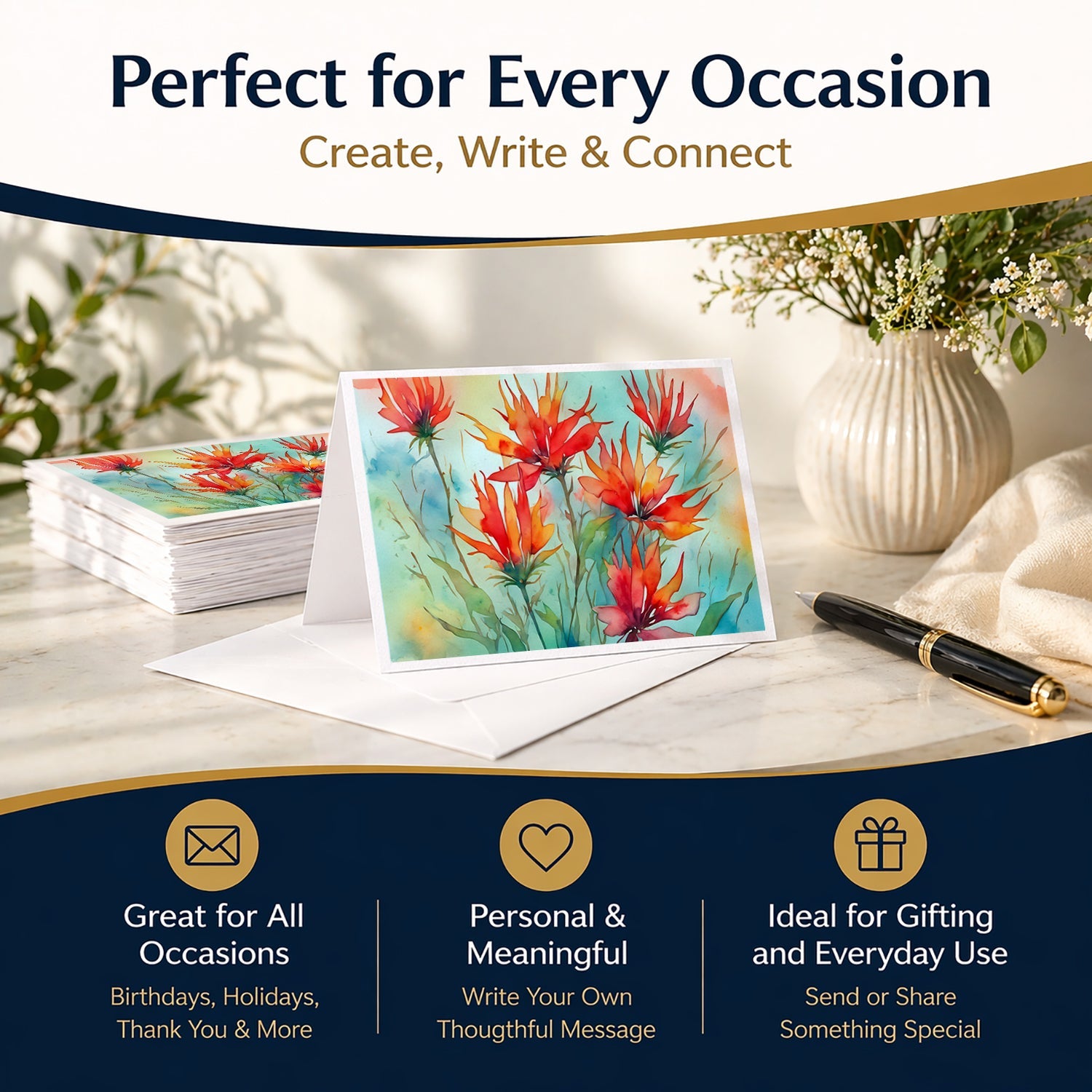 Wyoming Indian Paintbrush in Watercolor Greeting Cards Pack of 8 Blank Cards with Envelopes Whimsical A7 Size 5x7