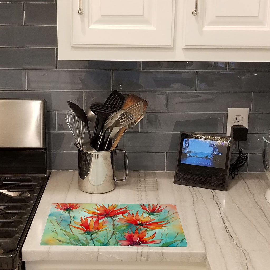 Wyoming Indian Paintbrush in Watercolor Cutting Board Tempered Glass Kitchen Cutting Surface, Heat Resistant Chopping, Non-Slip Feet, Food Prep & Serving