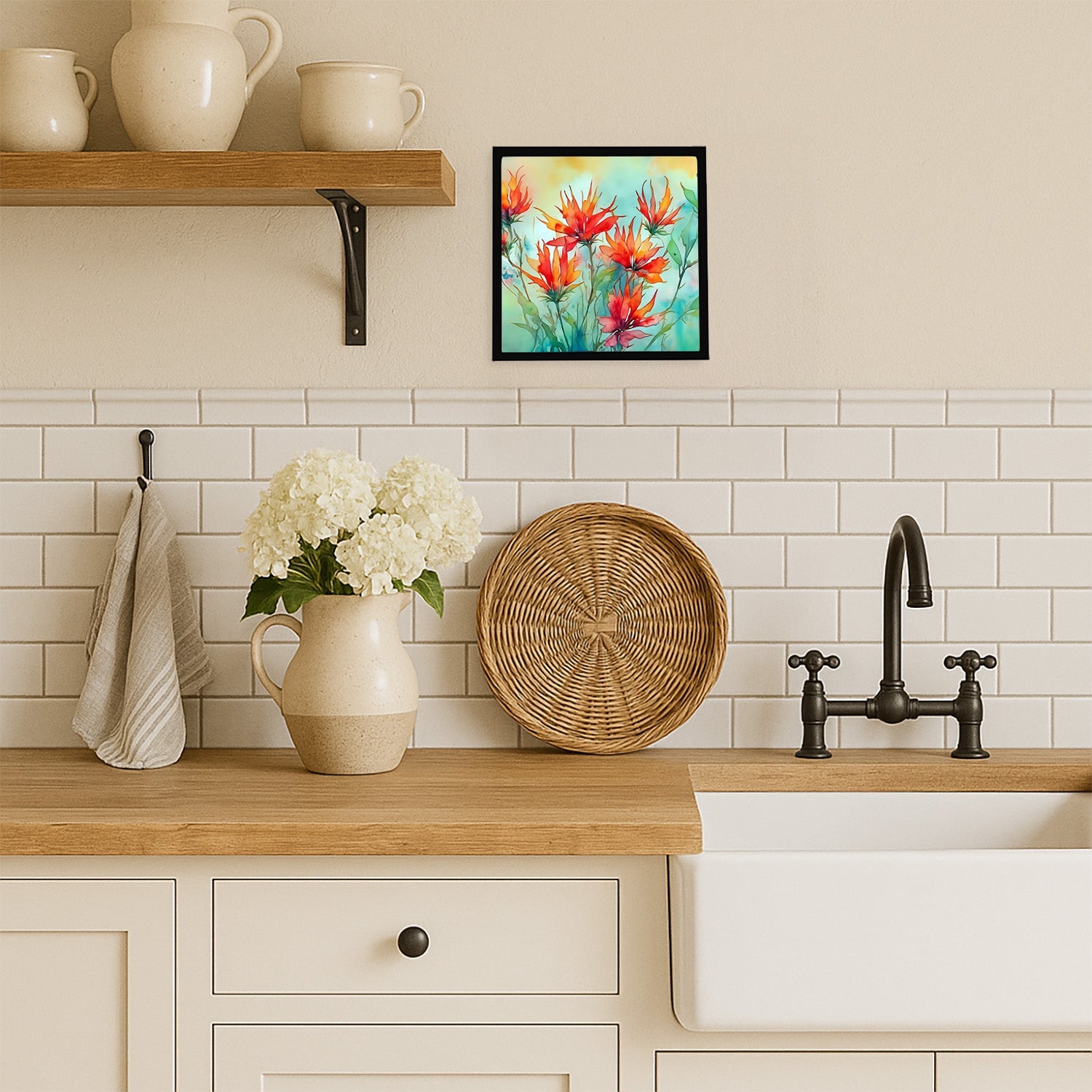 Wyoming Indian Paintbrush in Watercolor Framed Metal Print Bathroom, Kitchen, Office, Home Decor Wall Art Ready to Hang, Square, 8X8