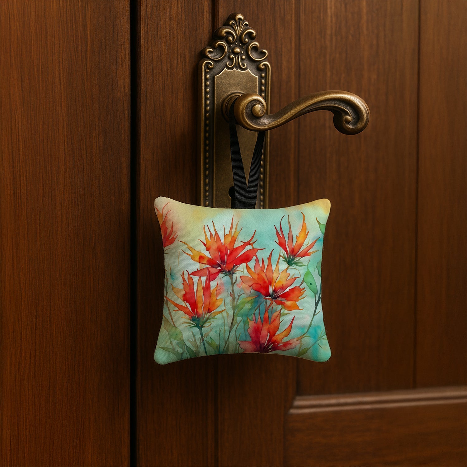 Wyoming Indian Paintbrush in Watercolor Hanging Square Fabric Ornament 3.5 × 3.5 Decorative Door-Knob & Tree Hanger, Soft Fabric