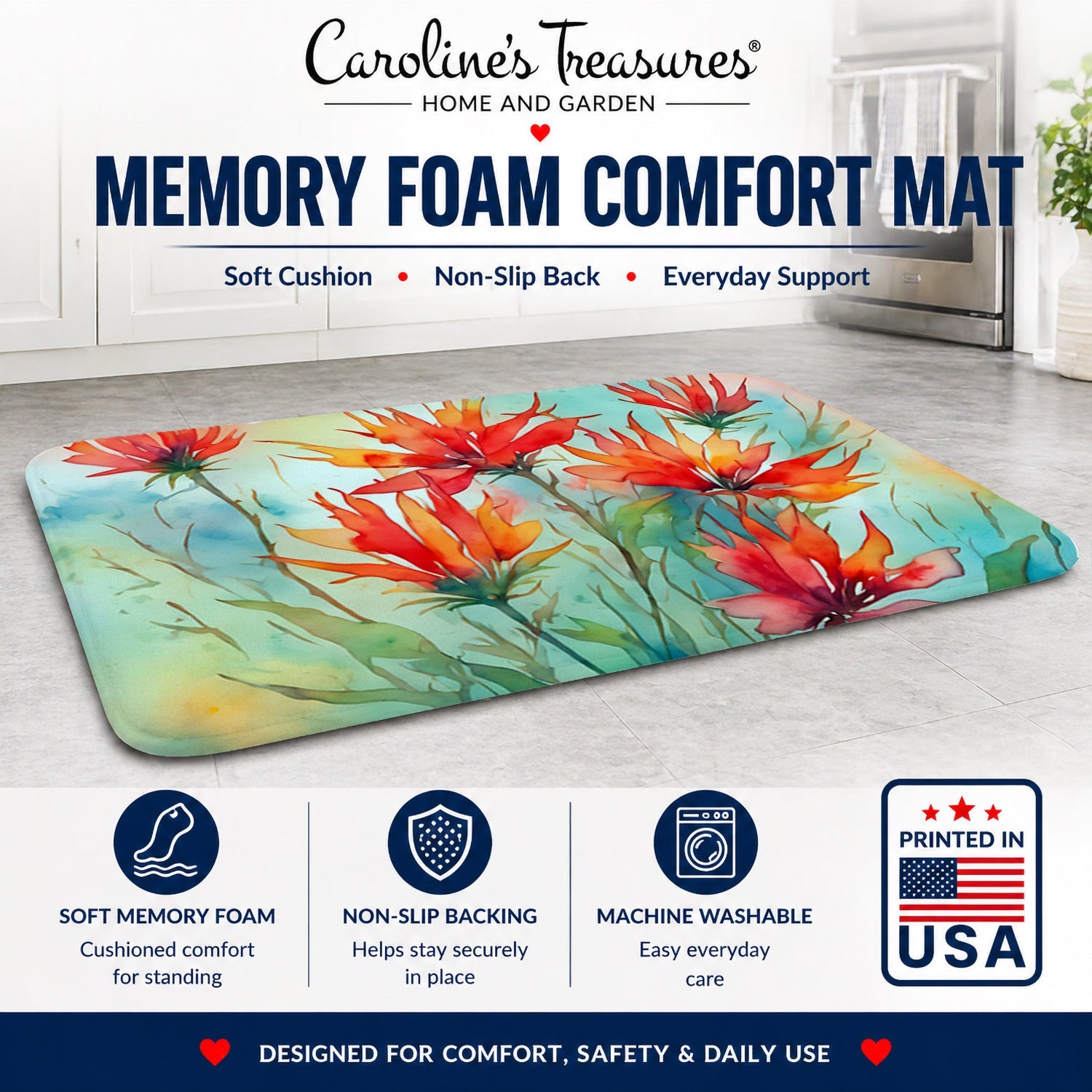 Wyoming Indian Paintbrush in Watercolor Memory Foam Kitchen Mat Machine Washable Anti-Fatigue Cushion Comfort Bath or Kitchen Rug