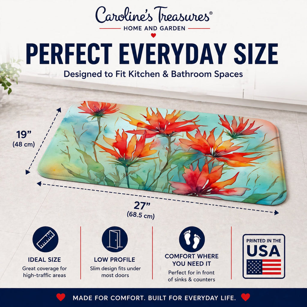 Wyoming Indian Paintbrush in Watercolor Memory Foam Kitchen Mat Machine Washable Anti-Fatigue Cushion Comfort Bath or Kitchen Rug