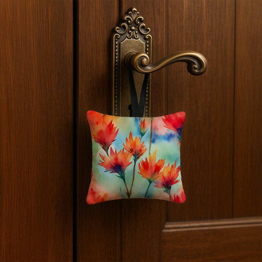Wyoming Indian Paintbrush in Watercolor Hanging Square Fabric Ornament 3.5 × 3.5 Decorative Door-Knob & Tree Hanger, Soft Fabric