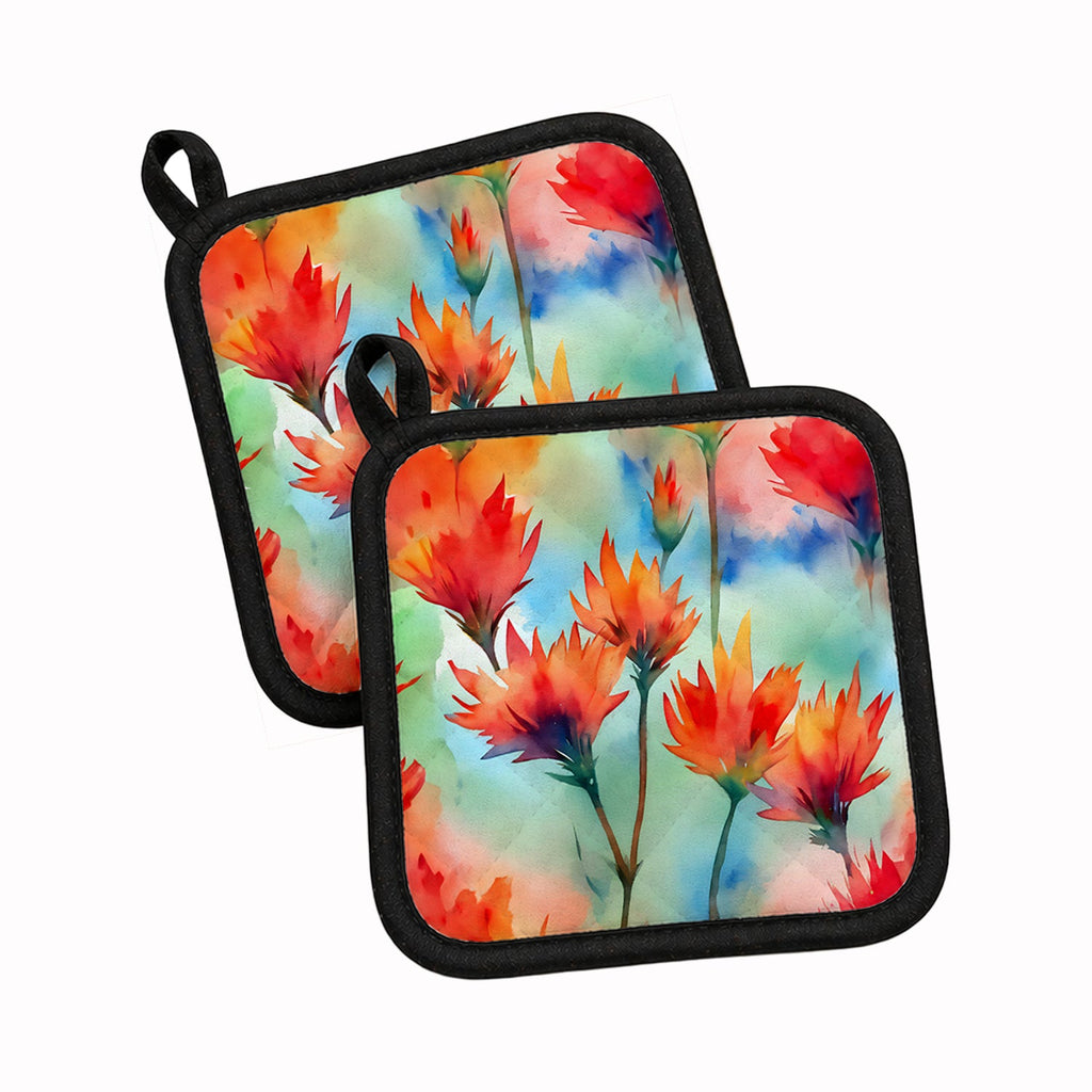 Wyoming Indian Paintbrush in Watercolor Pot Holder Set of 2 Heat Resistant Quilted Hot Pads 7.5 x 7.5 Inch, Insulated Kitchen Trivets for Cooking & Baking