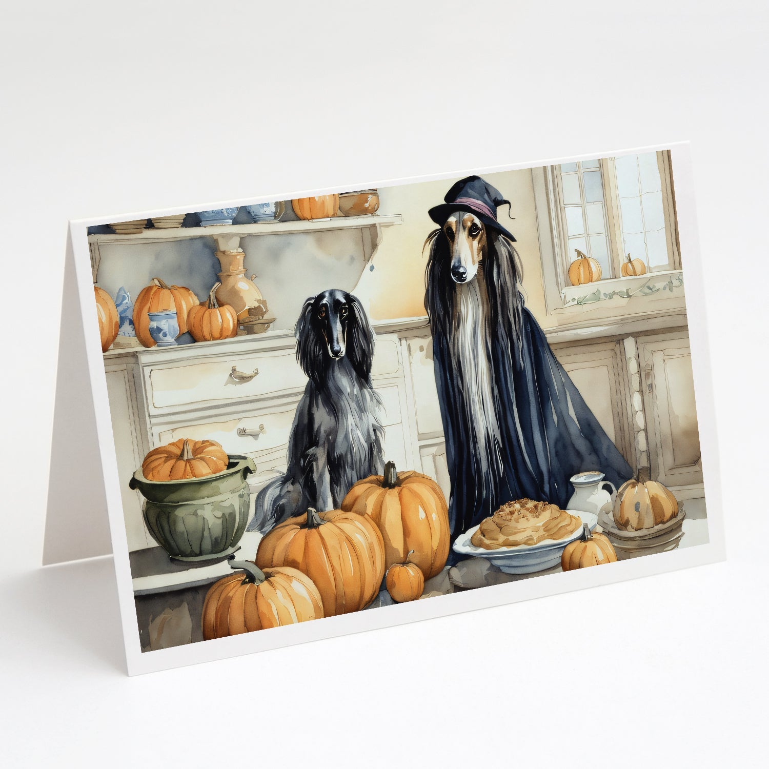 Afghan Hound Fall Kitchen Pumpkins Greeting Cards Pack of 8 Blank Cards with Envelopes Whimsical A7 Size 5x7