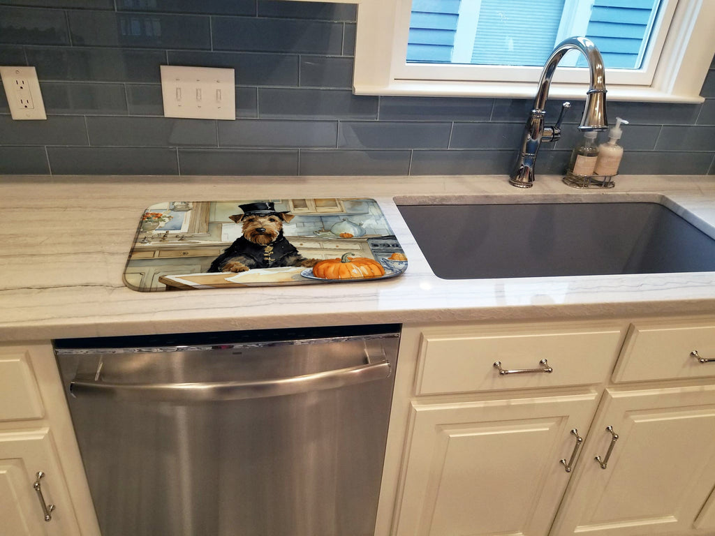 Airedale Terrier Fall Kitchen Pumpkins Dish Drying Mat Absorbent Dish Drying Mat Pad for Kitchen Counter Dish Drainer Mat for Countertop, 14 x 21", Multicolor