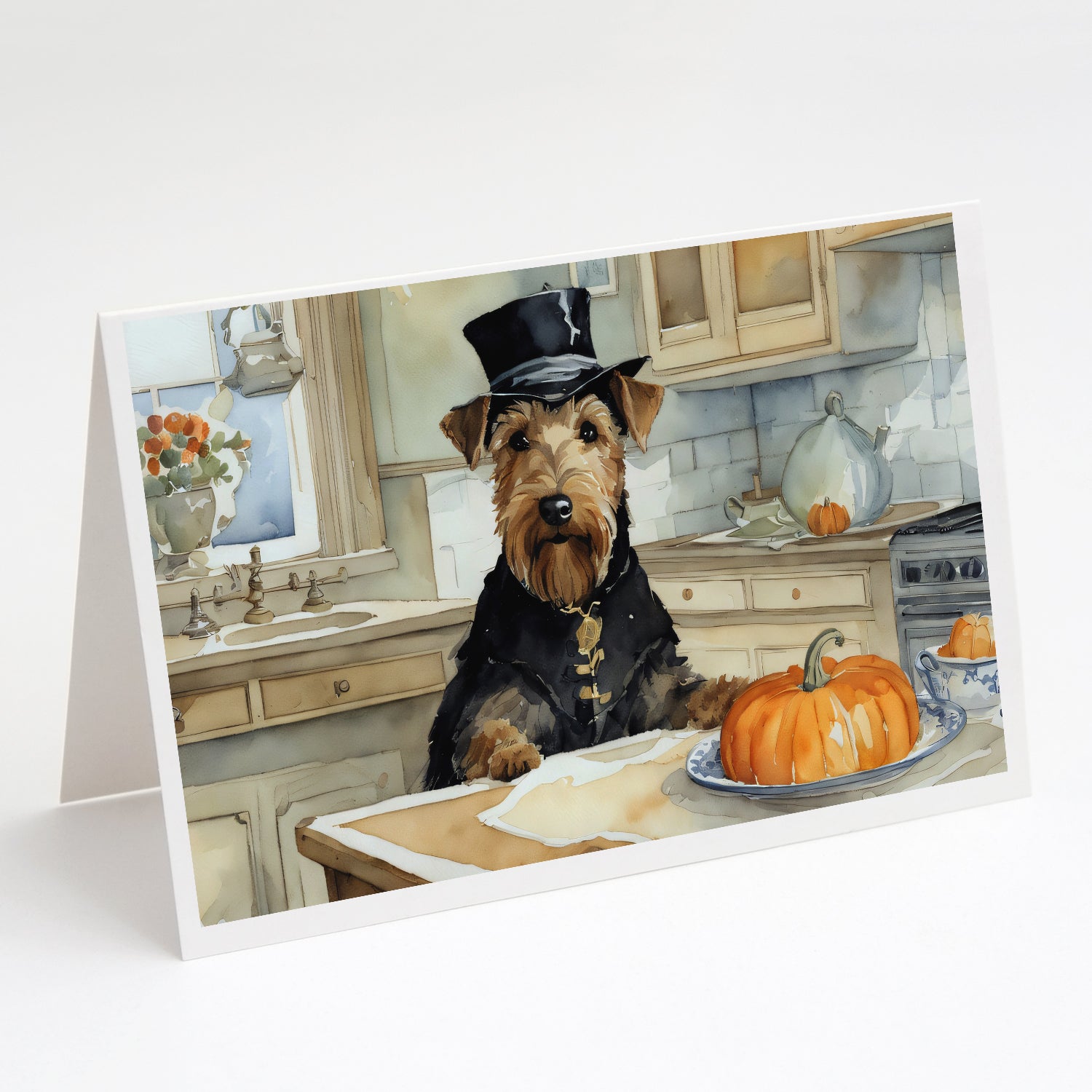 Airedale Terrier Fall Kitchen Pumpkins Greeting Cards Pack of 8 Blank Cards with Envelopes Whimsical A7 Size 5x7