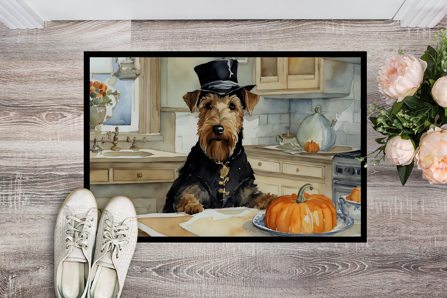Airedale Terrier Fall Kitchen Pumpkins Doormat Indoor Outdoor 24H X 36W Front Door Mat Rugs for Entryway, Non Slip Washable Low Pile,