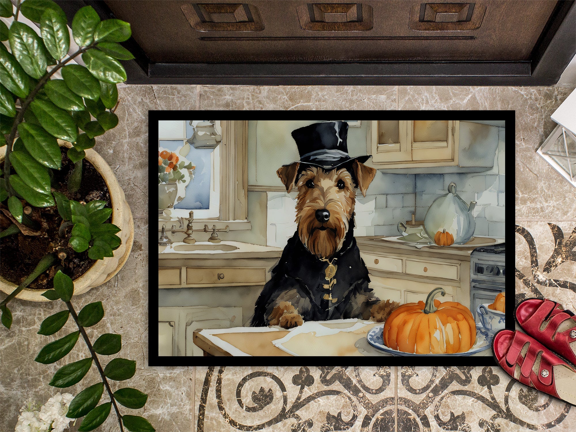 Airedale Terrier Fall Kitchen Pumpkins Doormat Indoor Outdoor 24H X 36W Front Door Mat Rugs for Entryway, Non Slip Washable Low Pile,