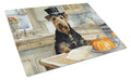 Airedale Terrier Fall Kitchen Pumpkins Cutting Board Tempered Glass Kitchen Cutting Surface, Heat Resistant Chopping, Non-Slip Feet, Food Prep & Serving
