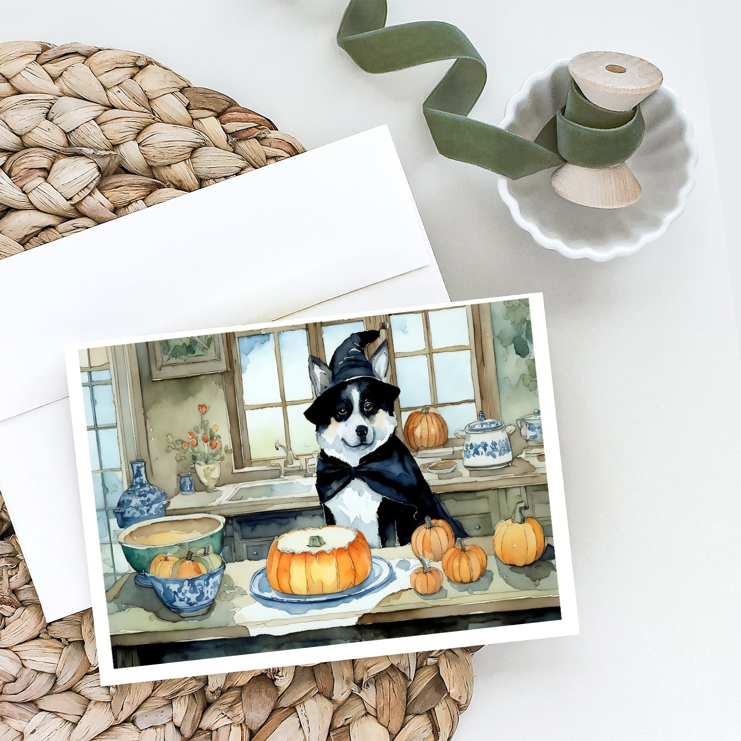 Akita Fall Kitchen Pumpkins Greeting Cards Pack of 8 Blank Cards with Envelopes Whimsical A7 Size 5x7