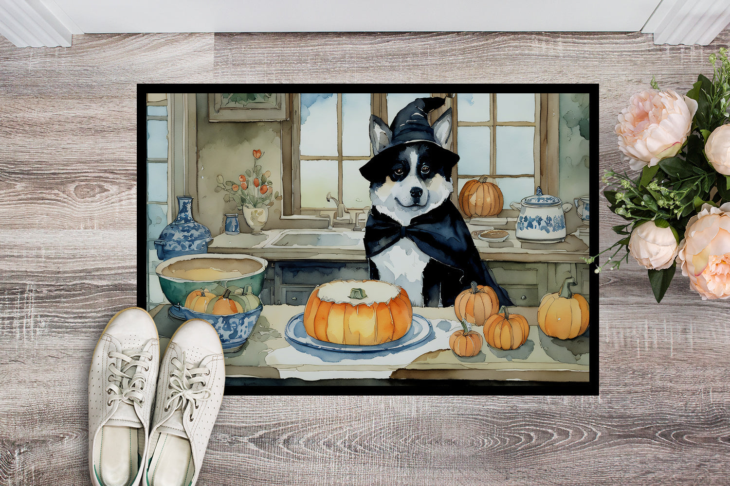 Akita Fall Kitchen Pumpkins Doormat Indoor Outdoor 18H X 27W Front Door Mat Rugs for Entryway, Non Slip Washable