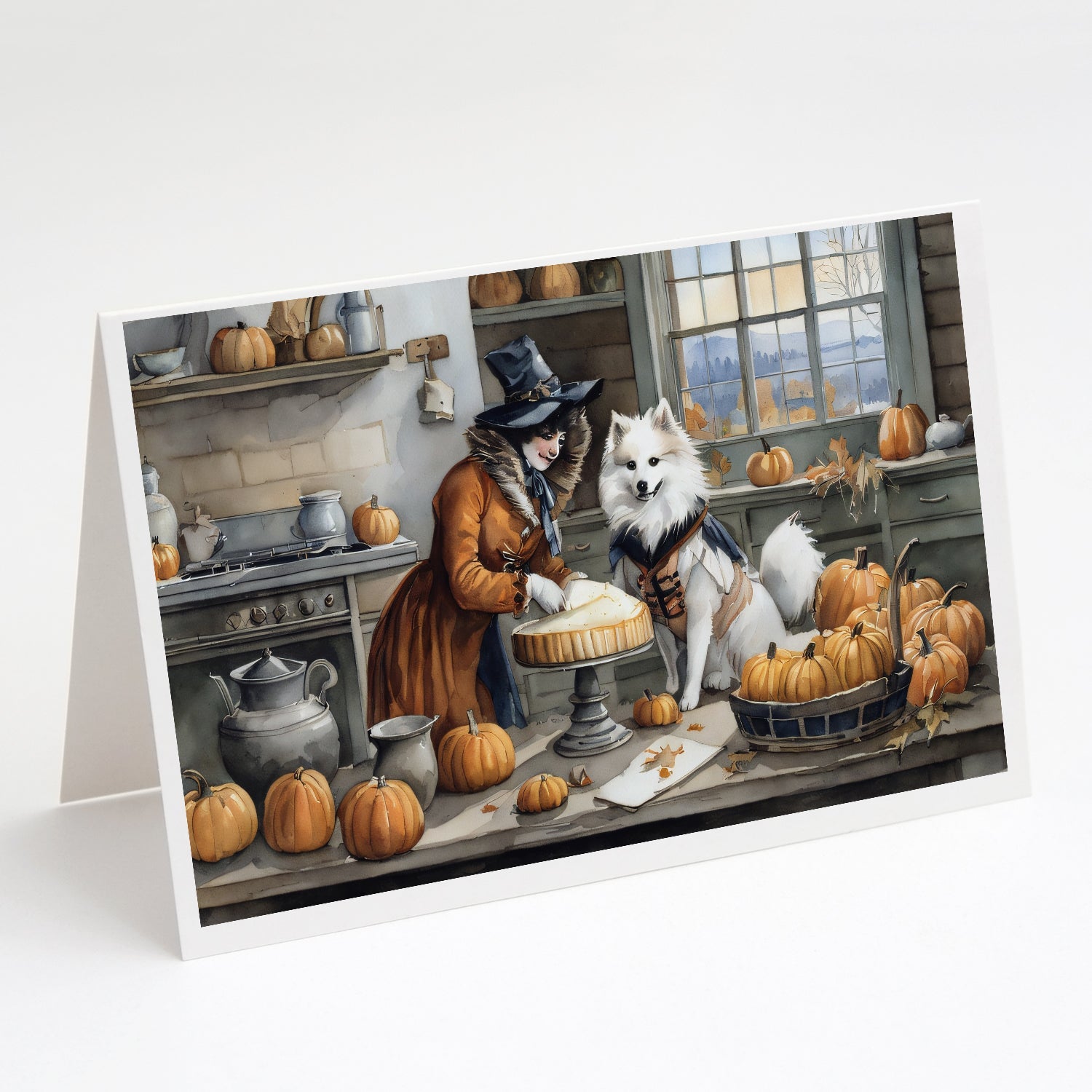 American Eskimo Fall Kitchen Pumpkins Greeting Cards Pack of 8 Blank Cards with Envelopes Whimsical A7 Size 5x7