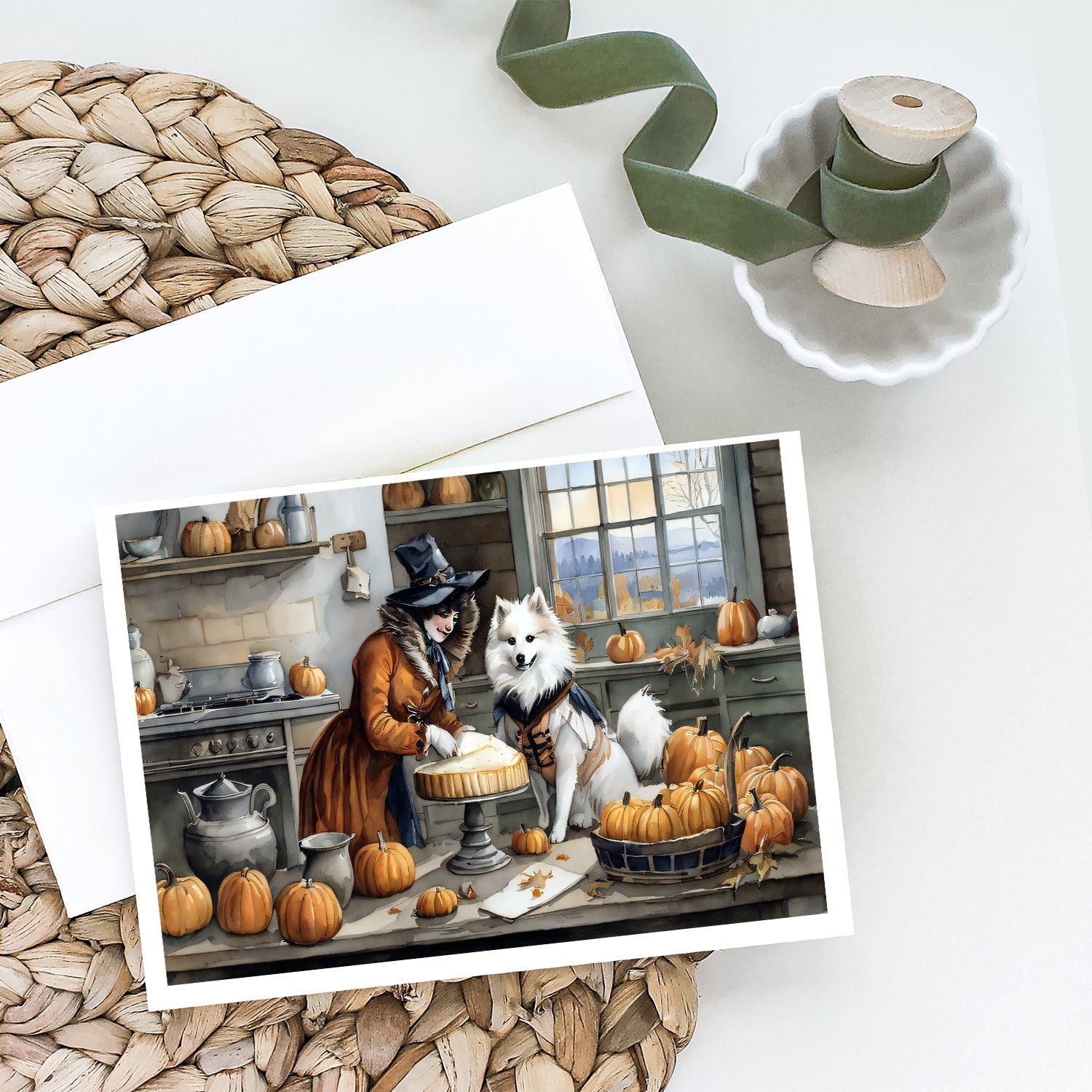 American Eskimo Fall Kitchen Pumpkins Greeting Cards Pack of 8 Blank Cards with Envelopes Whimsical A7 Size 5x7